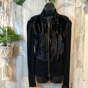 Vtg Y2k Cache Ribbed Knit/Faux Fur Zip up Cardigan Sweater